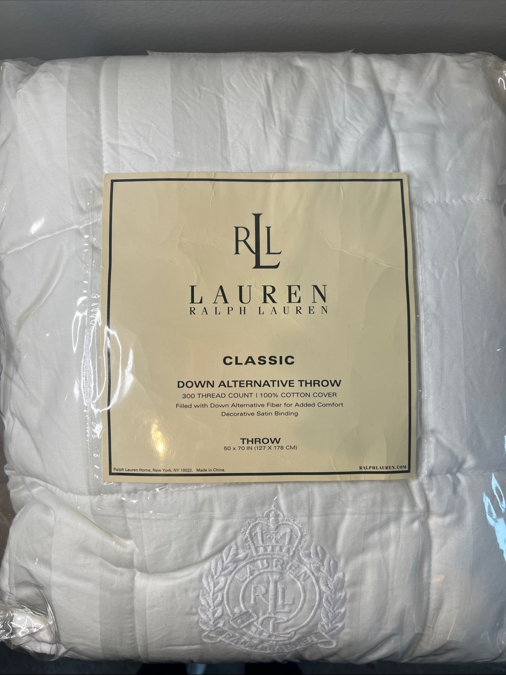 Ralph Lauren White Classic Down Alternative Throw Blanket 50x70 •NEW•